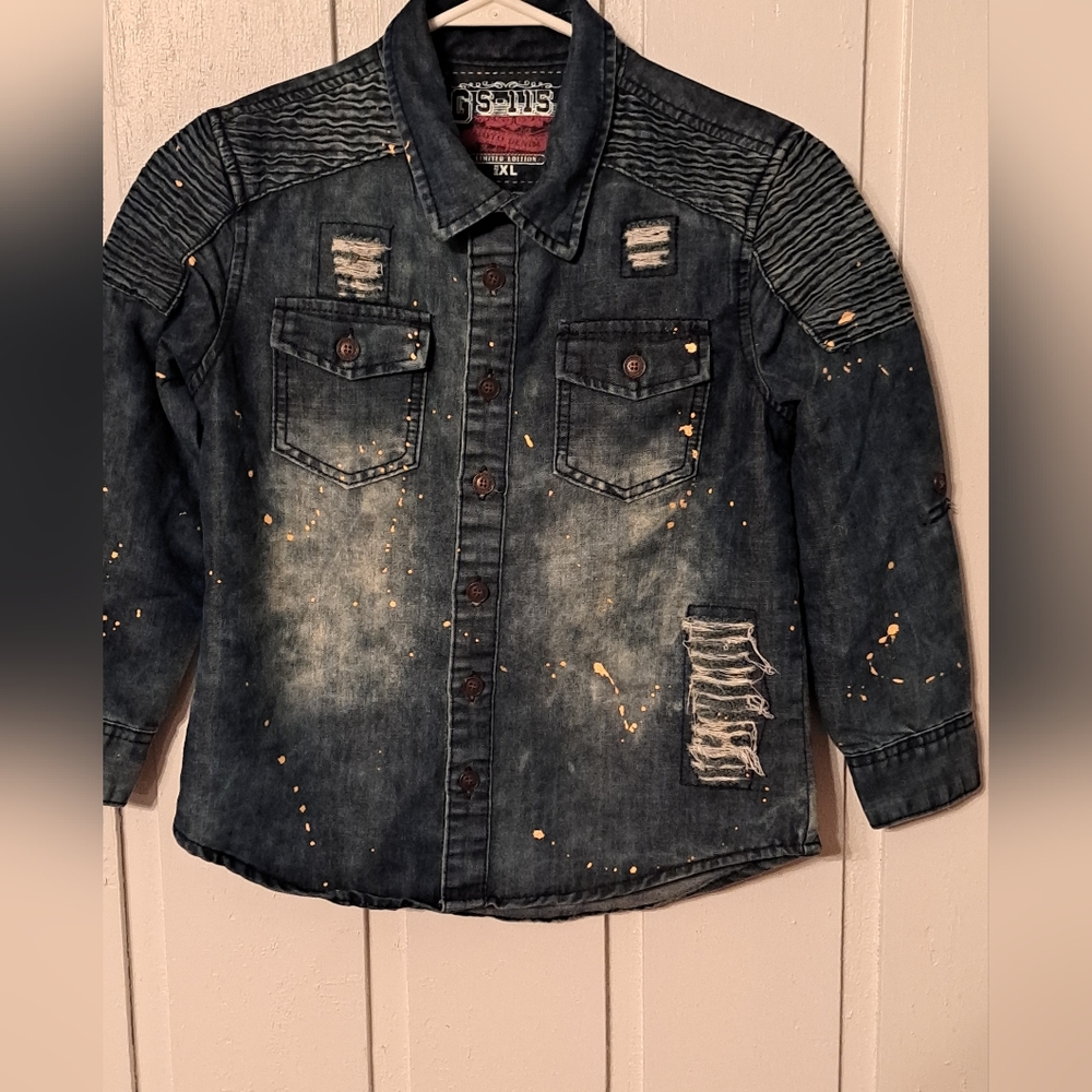 GS-115 Denim Button Down Top Shirt Girls Size XL Blue